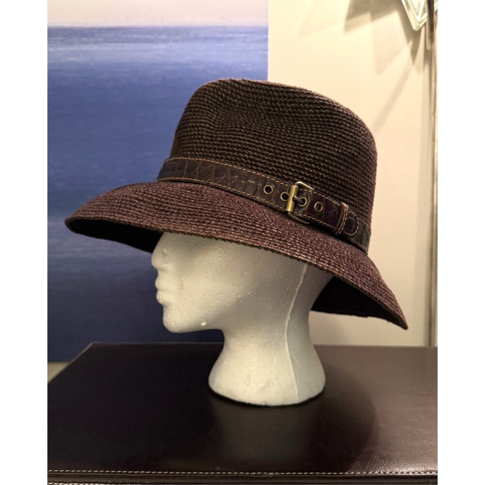 Eric Javits Brown Woven Cloche Hat Leather Buckle Wide Brim Designer Womens - Picture 1 of 9